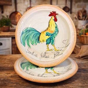 Pottery Barn Rooster Farmhouse Salad Plates 9.5" French Country Rustic Set of 2